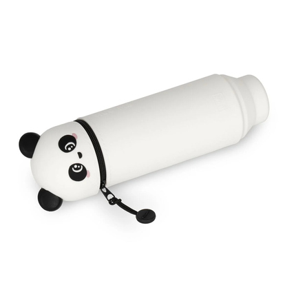Weißes Schlampermäppchen in Pandadesign mit Zip-Verschluss und Gesichtsdetails.