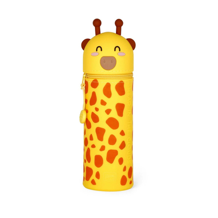 Gelbes Schlampermäppchen in Giraffenform mit lächelndem Gesichtsdesign und Muster.