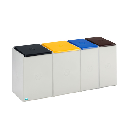 Anthrazitfarbener Abfalltonnendeckel auf einer Mülltonnenreihe in verschiedenen Farben.