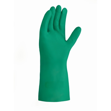 Grüne Nitril-Gummihandschuhe mit Gitterprofil für sicheren Halt und extra langen Schnitt.