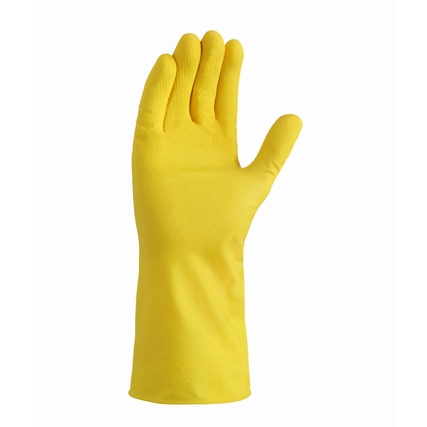 Gelber Gummihandschuh aus Naturlatex mit langer Ausführung und Gitterprofil für besseren Grip.