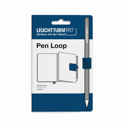 Indigo Stiftehalter Pen Loop in Packung, mit abgebildetem Stift und Notizbuch-Symbol.