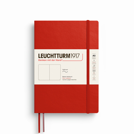 Notizbuch in Cherry-Farbe mit Softcover, gummierter Band, im A5-Format und ohne Punktlinien.