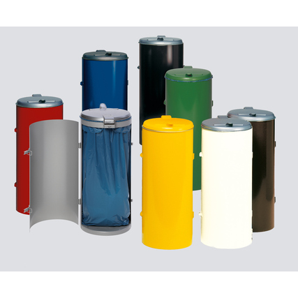 Müllsackständer mit Einflügeltür und vielfältigen Farben, inklusive silberne Variante.