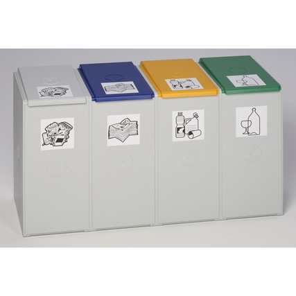 Abfallsammelsystem mit vier Sortierfächern in verschiedenen Farben, ohne Deckel.