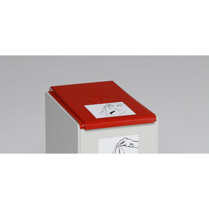 Roter Deckel für Abfalltonne mit Hinweis zur Handhabung auf der Vorderseite.