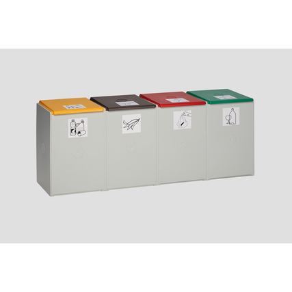 Abfallsammelsystem mit 4 Sortierfächern und unterschiedlichen Farben, ohne Deckel geliefert.