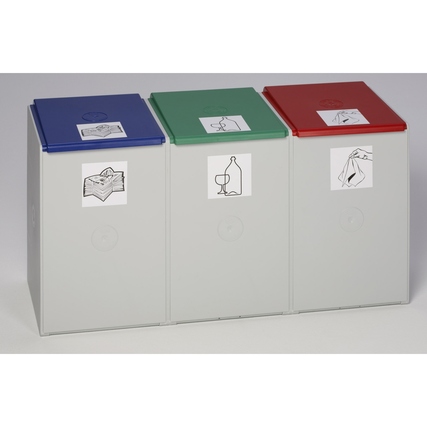 Abfallsammelsystem mit drei Sortierfächern in verschiedenen Farben und Piktogrammen, ohne Deckel.