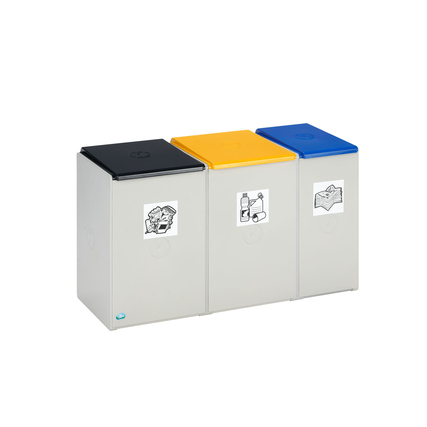Abfallsammelsystem mit drei Containern in verschiedenen Farben und Symbolen zur Mülltrennung.
