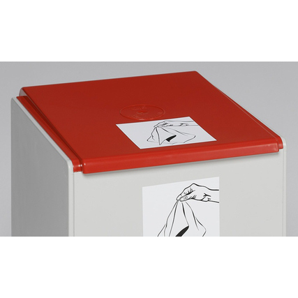 Roten Abfalltonnendeckel auf einer Abfalltonne mit einer Anleitung zum Einwerfen von Müll.