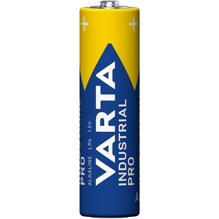 Batterie Varta INDUSTRIAL PRO AA in blauer Verpackung mit gelben Elementen, stehend.