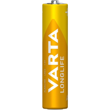 Gelbe Varta Longlife AAA-Batterie mit Produktbezeichnung und Spezifikationen sichtbar.