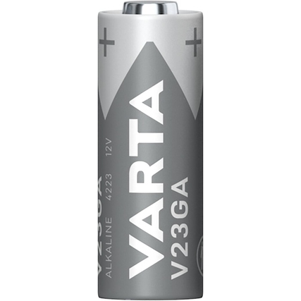 Alkaline-Batterie V23GA in Silber mit+ und - Zeichen auf der Ober- und Unterseite.