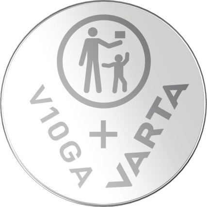 Silberne Knopfzelle mit der Bezeichnung V10GA und einem Symbol für Umweltschutz.
