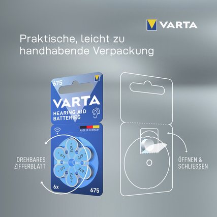 Verpackung mit sechs Varta Knopfzellen 675 für Hörgeräte und Anleitung zum Öffnen.