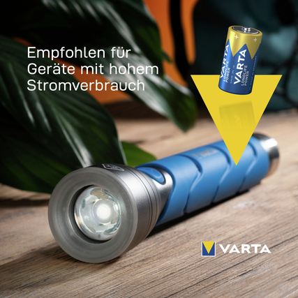 Taschenlampe mit Varta Batterie, empfohlen für Geräte mit hohem Stromverbrauch.