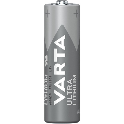 Varta Ultra Lithium AA-Batterie in silberner Farbe mit Plus- und Minuszeichen.