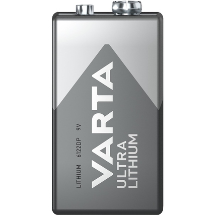 9V Lithium-Batterie in silberner Verpackung mit aufgedruckter Bezeichnung und Logo.