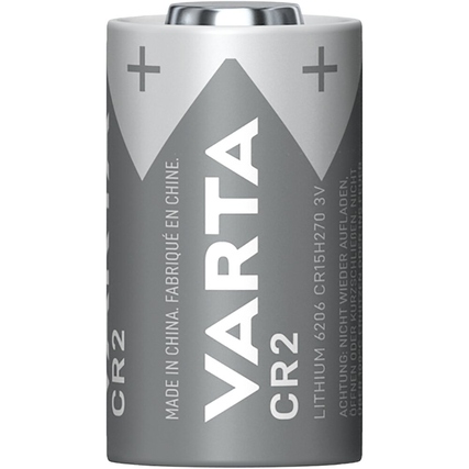 Lithium-Batterie vom Typ CR2 mit grauer Verpackung und weißen Markierungen.