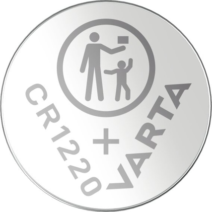 Silberne Knopfzelle mit der Bezeichnung CR1220 und einem Symbol für Kindersicherheit.