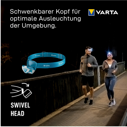 Varta Stirnlampe H10 Pro auf einem Weg, mit Schwenkkopf und verstellbarem Kopfband abgebildet.