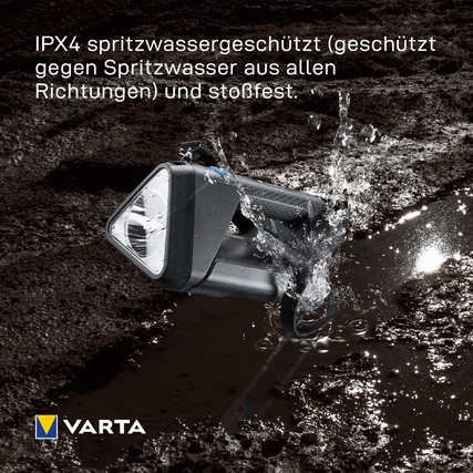 Wiederaufladbare Taschenlampe mit IPX4-Schutz, die im Wasser spritzgeschützt und stoßfest ist.