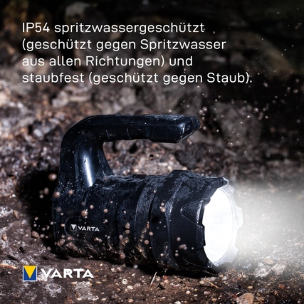 Taschenlampe mit gummiertem Griff und IP54 Schutz bei Anwendung unter Wasser und Staub.