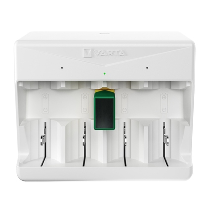 Weißes Varta Akkuladegerät mit mehreren Ladefächern und Ladeanzeige.