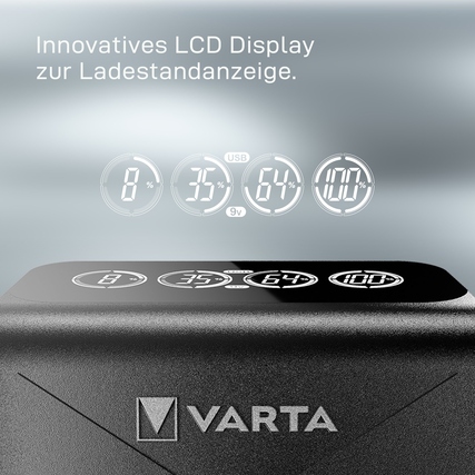 LCD-Display eines Akkuladegeräts zeigt den Ladestand von Batterien und USB-Gerät an.