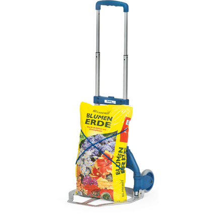 Aluminium-Sackkarre mit einer großen Blumenerde-Tüte zur Veranschaulichung der Nutzung.