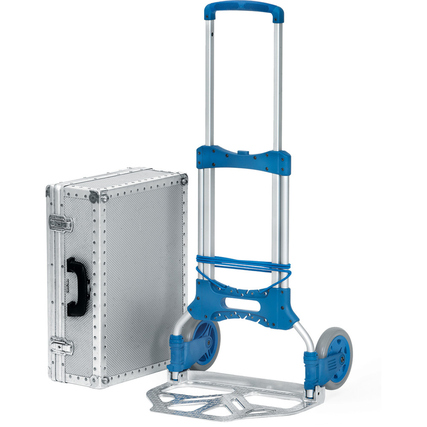 Sackkarre aus Aluminium-Stahlrohr mit klappbarer Schaufel und Rädern, neben einem Alukoffer.