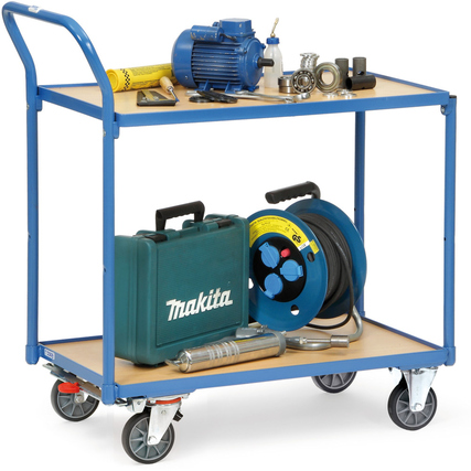 Leichter Transportwagen mit zwei Holzwerkstoffböden und Werkzeugen auf der Ladefläche.