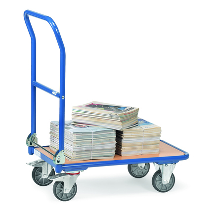 Transportwagen mit Stapel aus Zeitschriften auf der Ladefläche, blau lackiertes Gestell.
