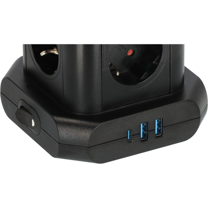 Tischsteckdosenleiste mit mehreren Steckdosen und drei USB-Ladebuchsen im Turmdesign.