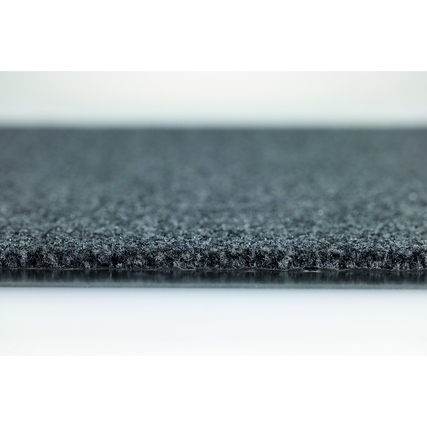 Schmutzfangmatte in schwarzgrau mit geschnittenem Flor und umlaufendem Rand, Nahaufnahme.