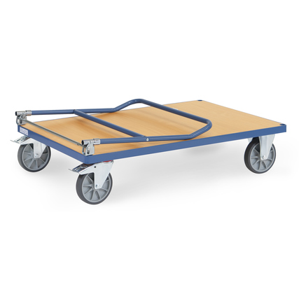 Transportwagen mit Holzwerkstoffladefläche, 2 Lenk- und 2 Bockrollen, blau lackiert.