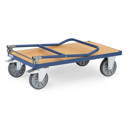 Transportwagen mit Holzwerkstoffplatte, 2 Lenk- und 2 Bockrollen, in seitlicher Ansicht.