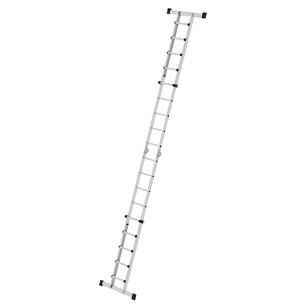 Teleskopleiter mit 10 Stufen, in aufrechter Position, aus Aluminium mit stabilen Holmen.
