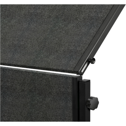 Detailansicht einer anthrazitfarbenen Moderationstafel mit verstellbarem Fußmechanismus.