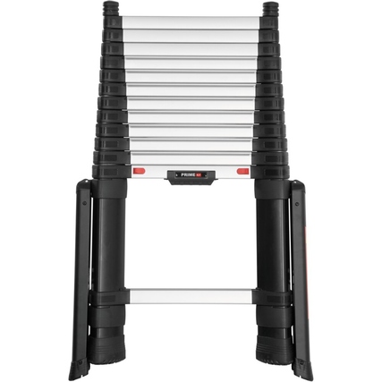 Teleskopleiter mit gefaltetem Design, Sicht auf die Stufen und stabile Holme.