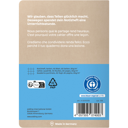 Notizheft im DIN A6 Format, kariert, pastellblau mit abgerundeten Ecken auf der Rückseite.