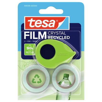 tesa® Klebefilm CRYSTAL RECYCLED 19 mm x 10 m (B x L) einseitig klebend ohne Lösungsmittel inkl. Handabroller aus Plastik, 100 % recycelt Acrylat transparent 2 St./Pack.