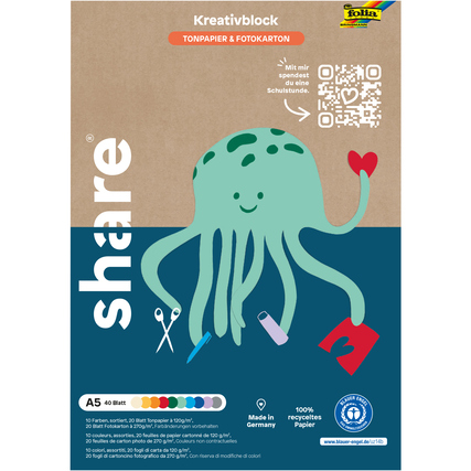 share Bastelblock DIN A5 20 Bl. Tonpapier (120g/m²), 20 Bl. Fotokarton (270g/m²) farbig sortiert 40 Bl.