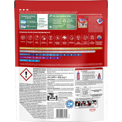 Packung mit Somat Spülmaschinentabs EXCELLENCE Premium 5in1 Caps auf rotem Hintergrund.