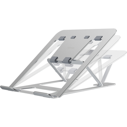 Zusammenklappbarer Laptopständer aus Aluminium in silber mit sechs höhenverstellbaren Stufen.