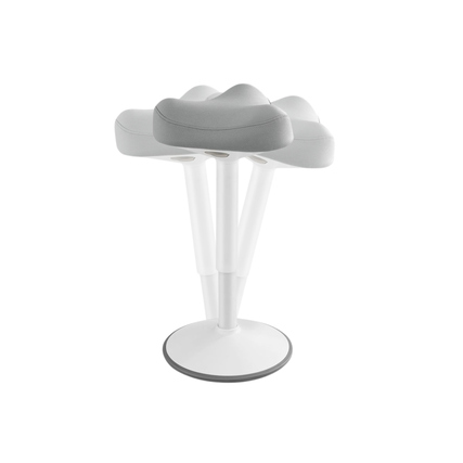 Ergonomischer Sitz-Steh-Hocker mit abgerundeter Basis und sattelförmigem Kissen in Grau.