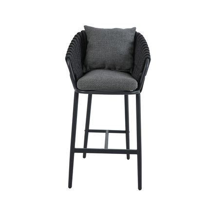 Anthrazitfarbener Barhocker mit Kissen und offener Rückenlehne.
