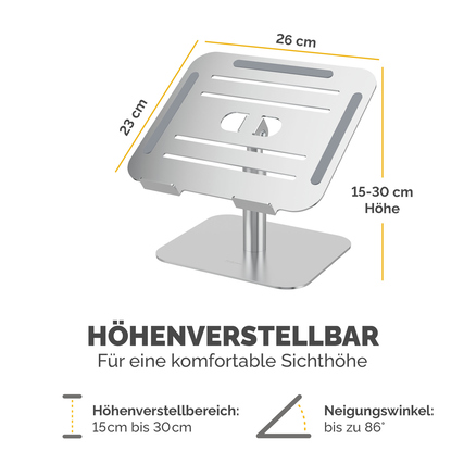 Notebookständer aus Aluminium in Silber mit höhenverstellbarer und neigbarer Plattform.