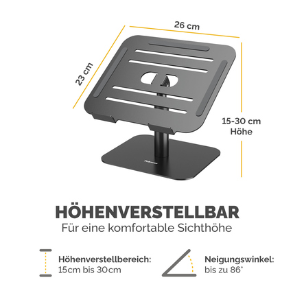 Schwarzer Notebookständer mit Höhenverstellung und neigbarer Plattform für ergonomische Nutzung.