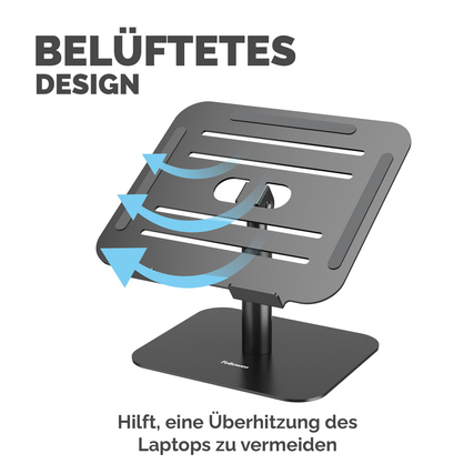 Notebookständer in Schwarz mit belüftetem Design zur Vermeidung von Überhitzung.